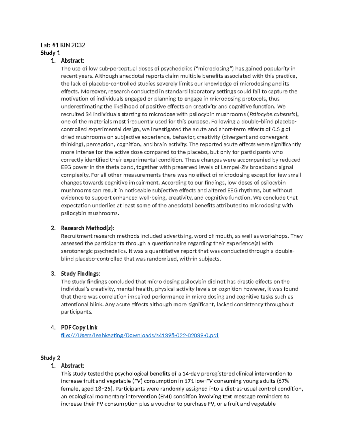 Lab Number 1 for Kin 2032, Break down of 5 studies, summarizing ...