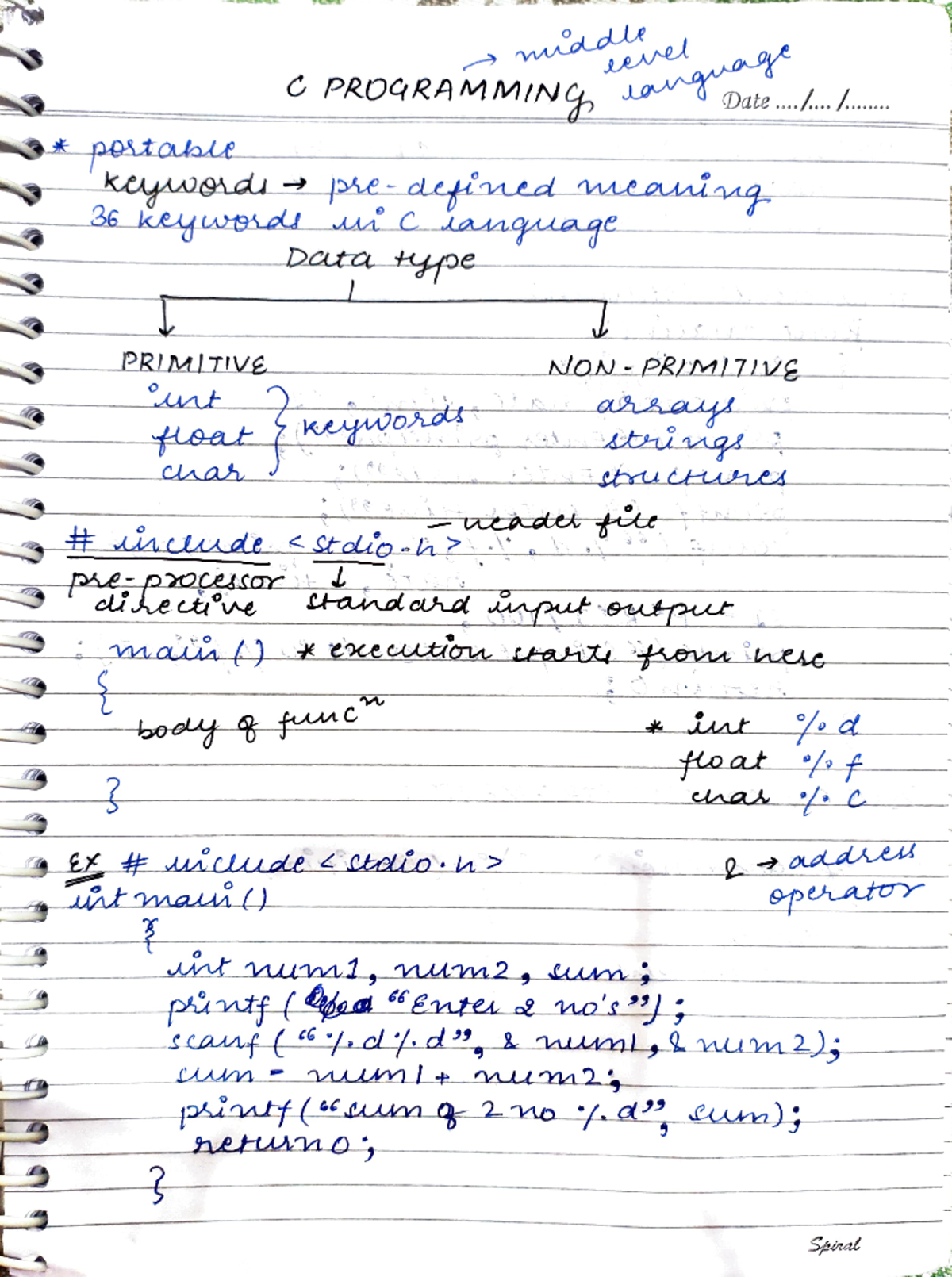 11 September Programming notes C - PRIMITIVE unt PROQRAM MING kywdi ...