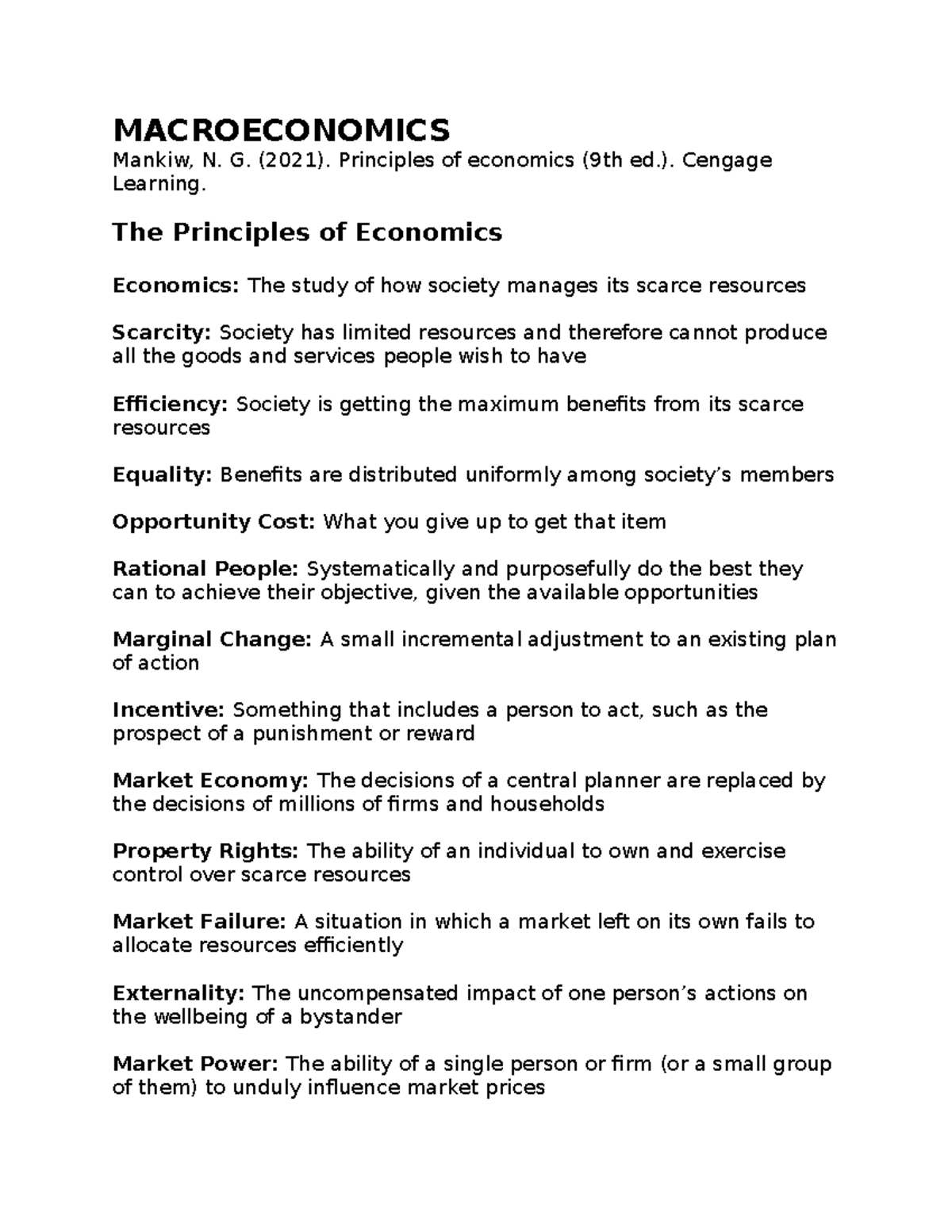 Macroeconomics notes for the first chapter MACROECONOMICS Mankiw, N