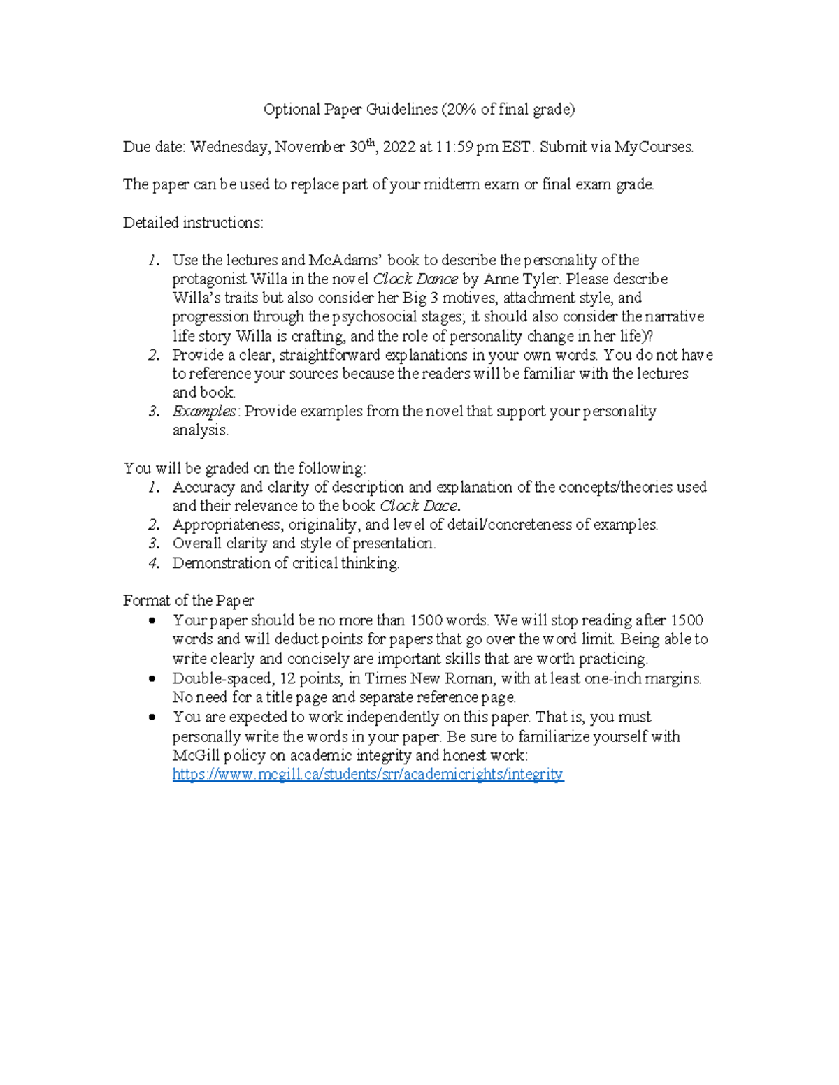 Optional Paper Guidelines for Personality Analysis in Clock Dance 2022