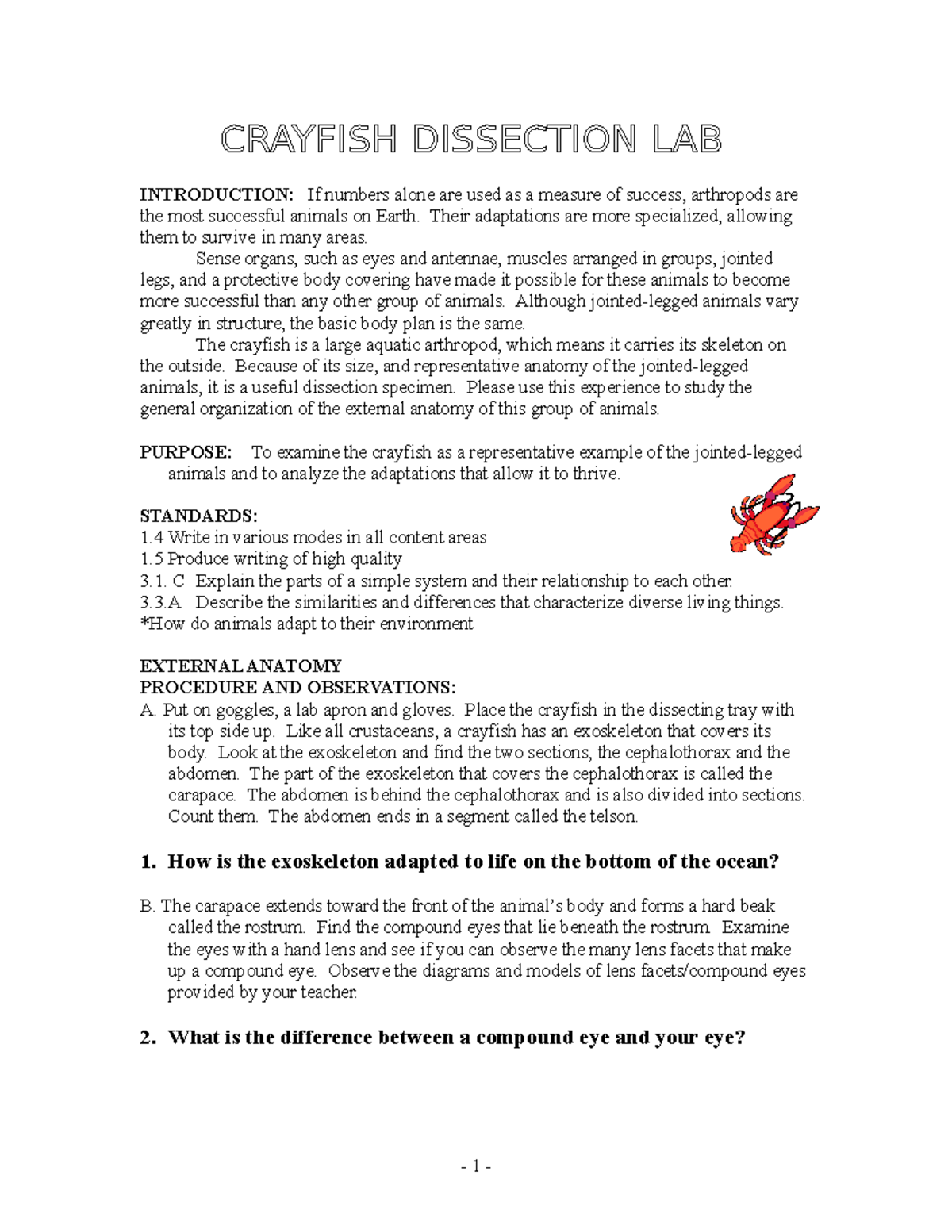 Crayfish Dissection Lab answers INTRODUCTION If numbers alone are