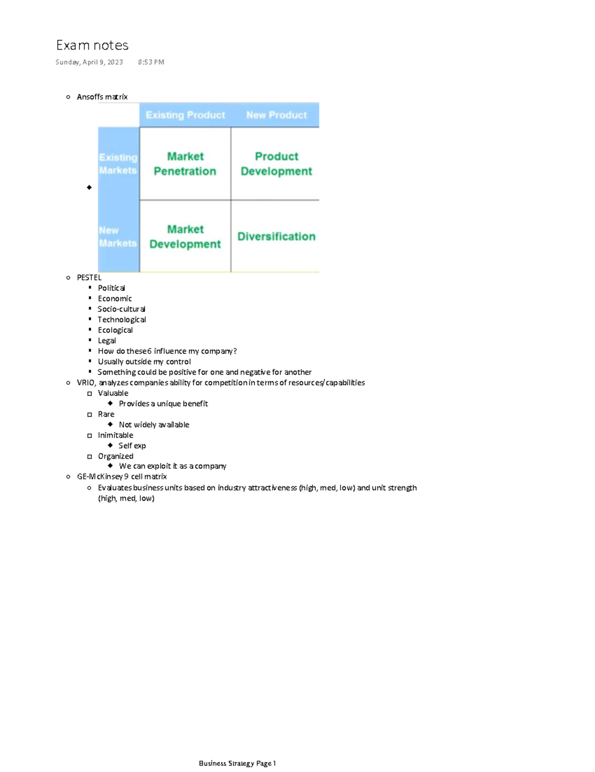 Exam notes Business - Ansoffs matrix PESTEL Political Economic Socio ...