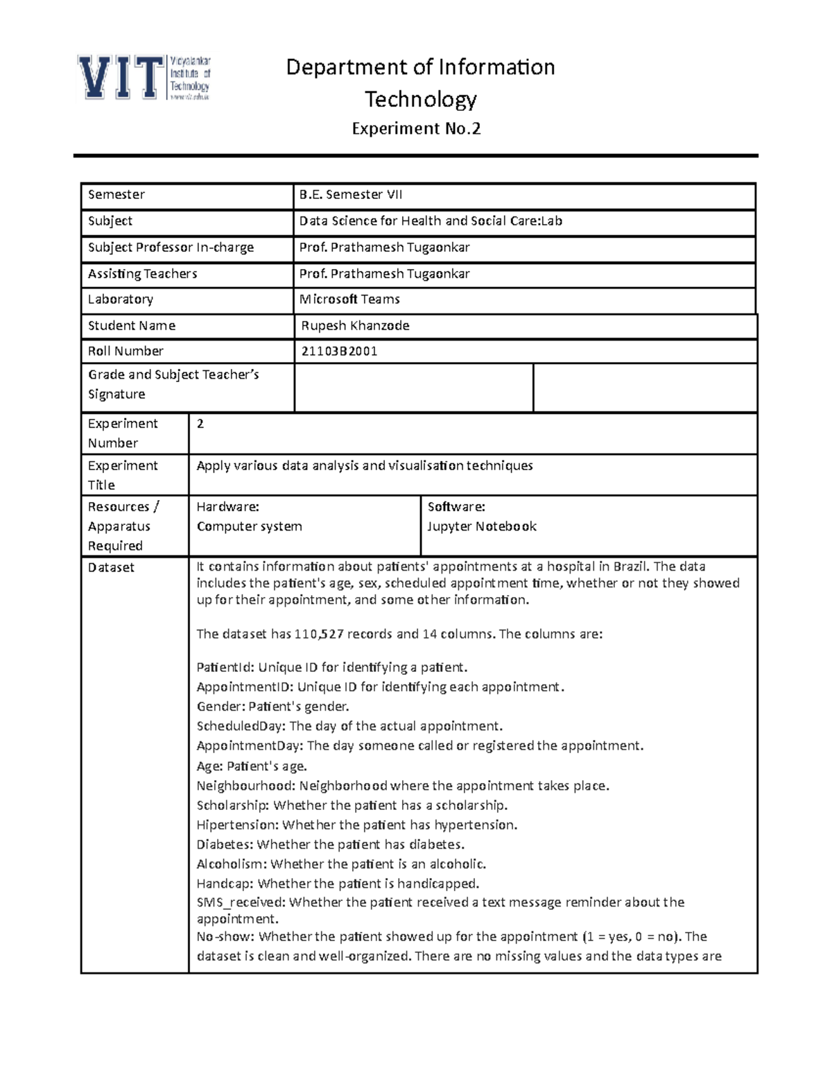 Data Science LAB 2 - Technology Experiment No. Semester B. Semester VII ...