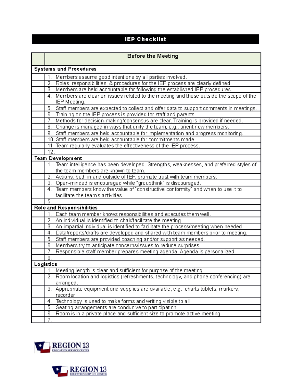 IEP Checklist Before the Meeting Systems and Procedures Studocu