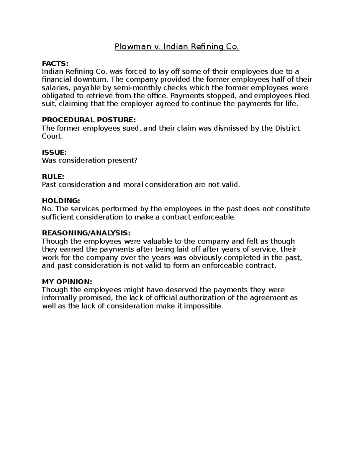 Plowman V. Indian Refining Co - Plowman V. Indian Refining Co. FACTS ...