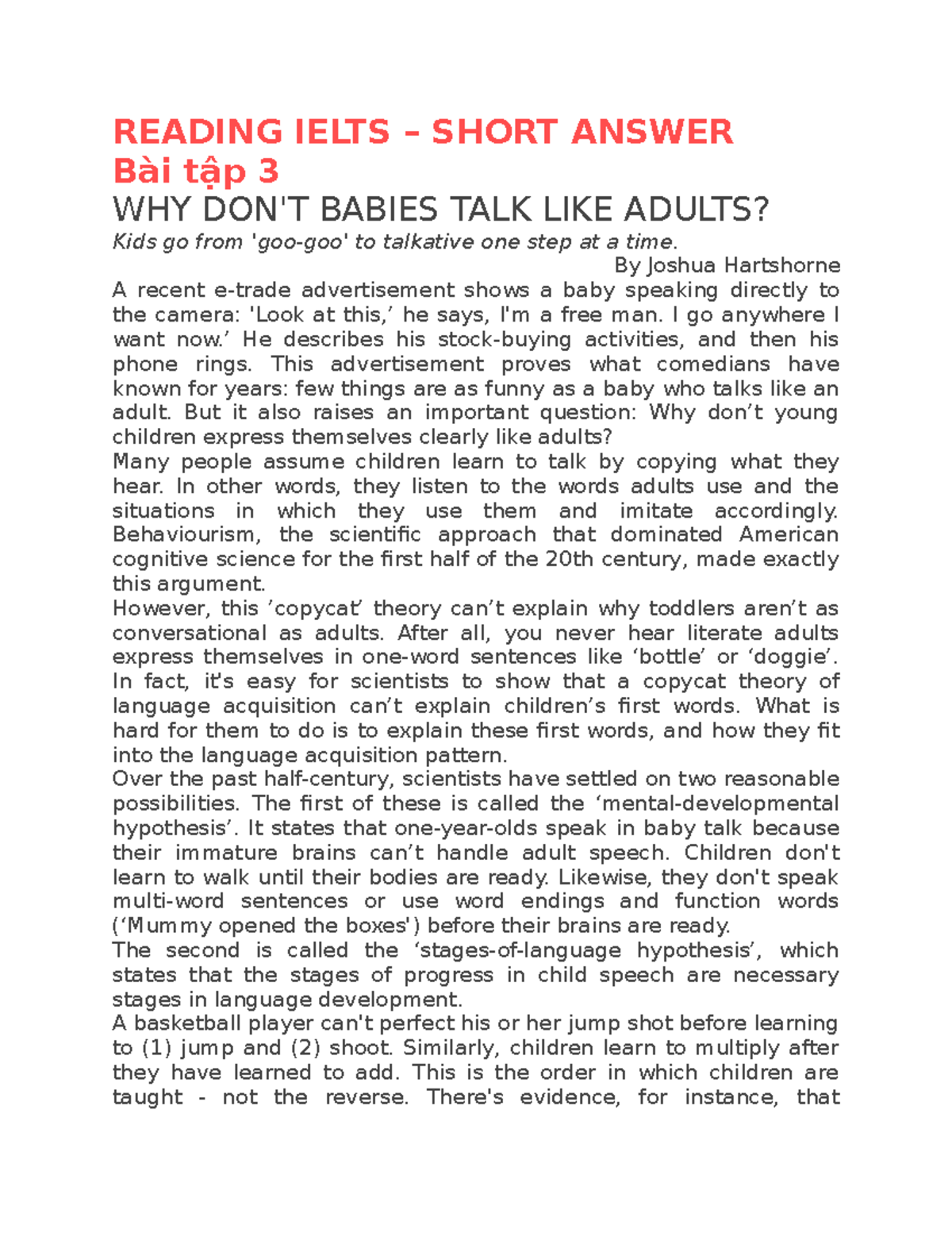 Why Dont Babies Talk Like Adults Ielts Reading Practice Test My XXX