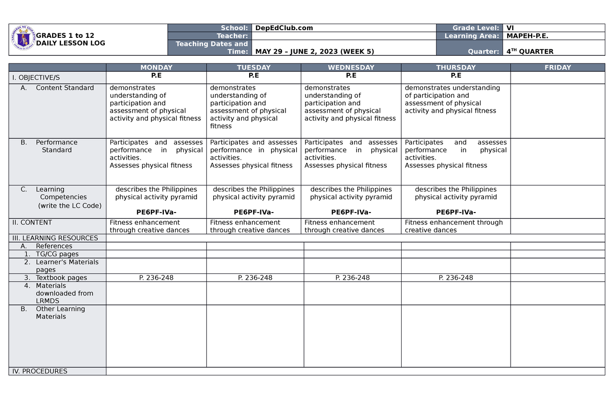 DLL Mapeh 6 Q4 W5 - Fff - GRADES 1 To 12 DAILY LESSON LOG School ...