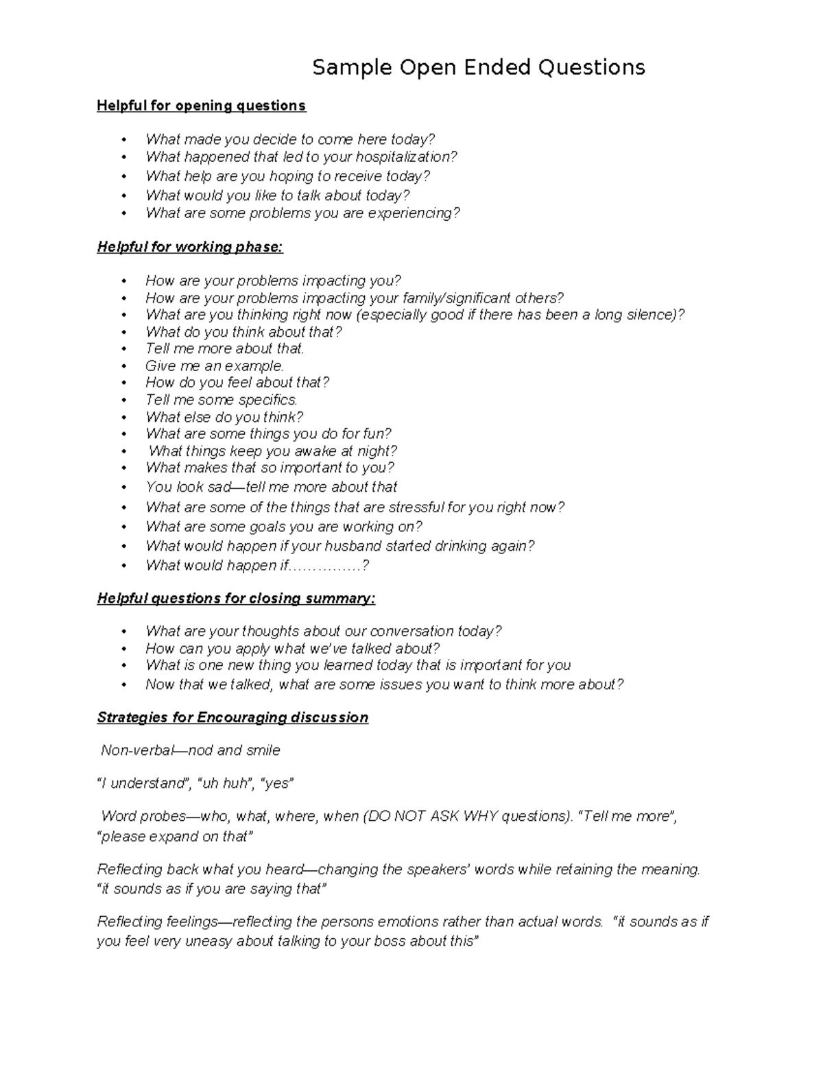 Examples of open ended questions - Sample Open Ended Questions Helpful ...