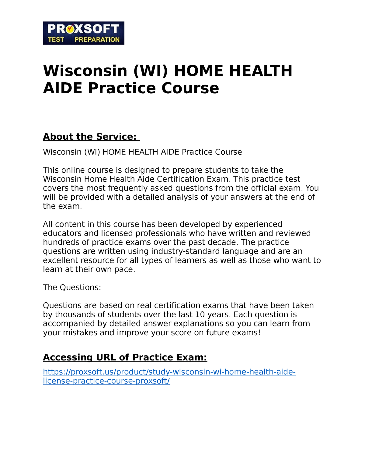 Wisconsin (WI) HOME HEALTH AIDE Practice Course Wisconsin (WI) HOME