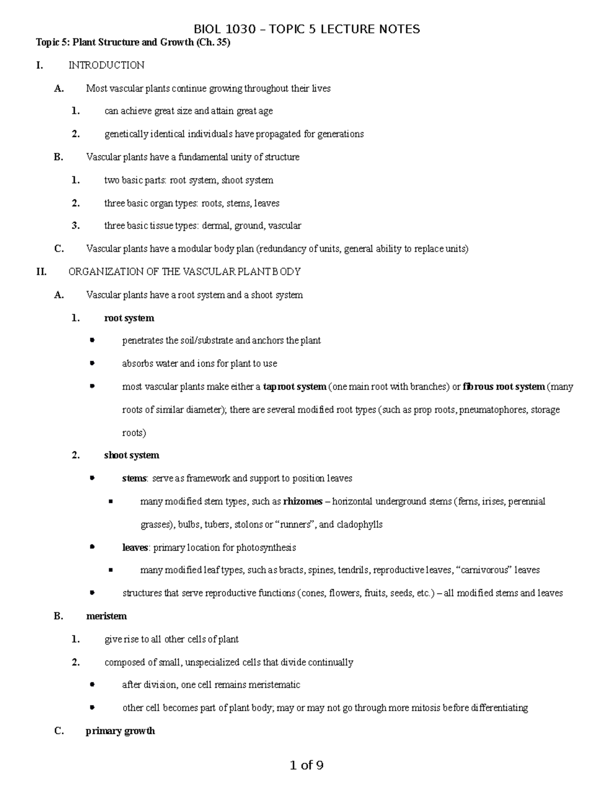 Topic 05 - Topic 5: Plant Structure and Growth (Ch. 35) I. INTRODUCTION ...