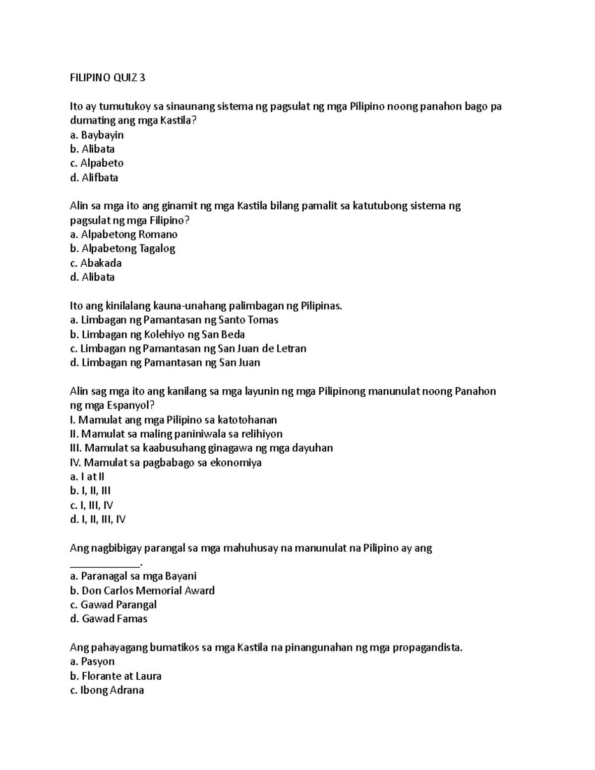 Filipino QUIZ 3 - QUIZ - FILIPINO QUIZ 3 Ito ay tumutukoy sa sinaunang ...