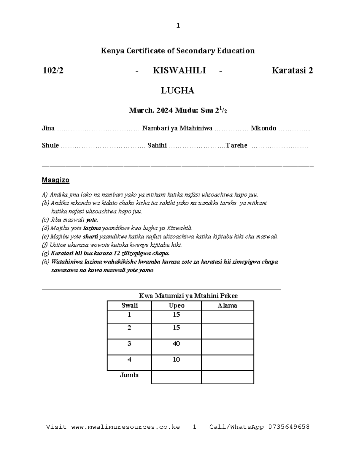 Kiswahili PP2 - Kenya Certificate of Secondary Education 102/2 ...