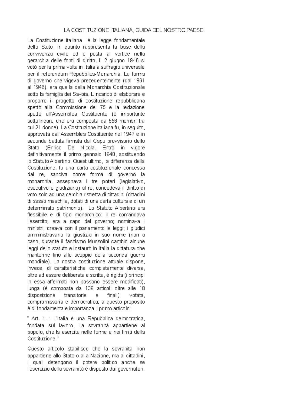 Tema costituzione Voto 10 LA COSTITUZIONE