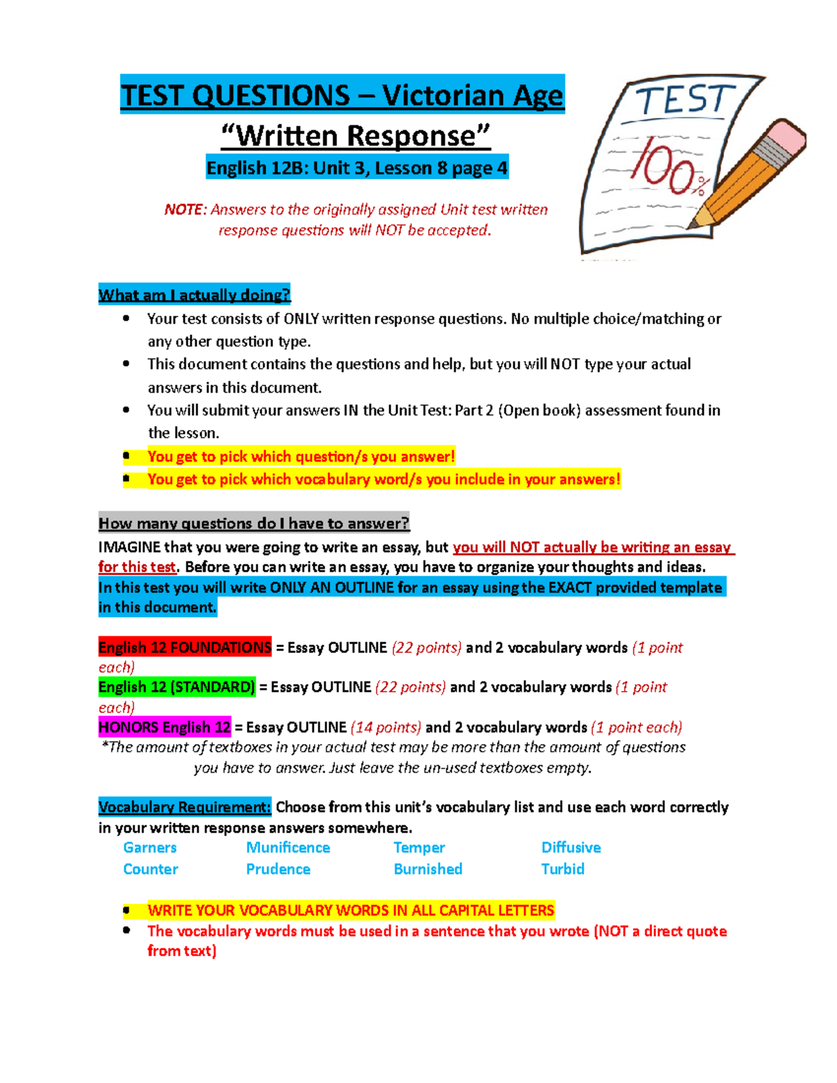 Victorian Age Test Questions TEST QUESTIONS Victorian Age English 12B
