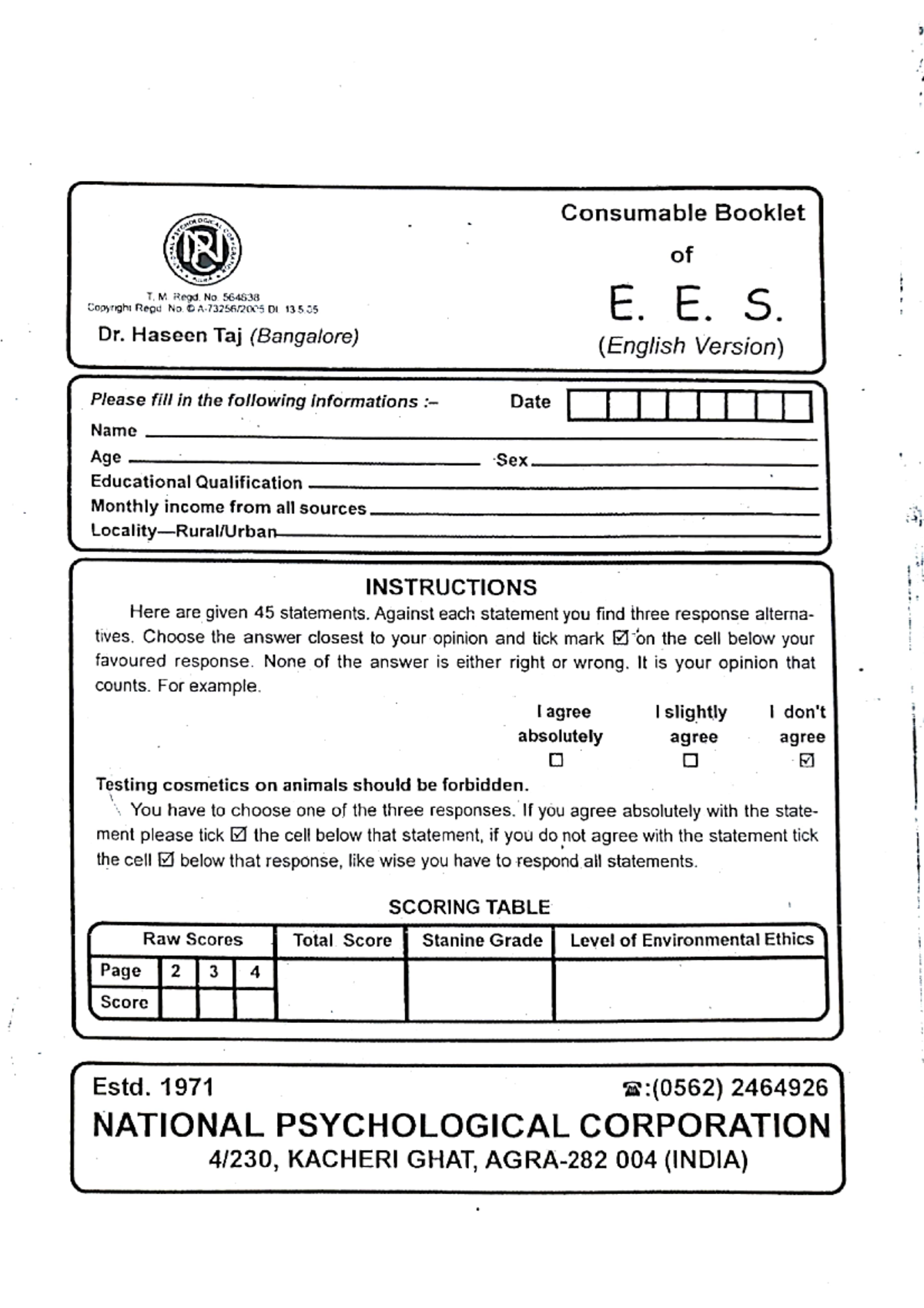 EES Booklet - Environment Ethics Scale - Consumable Booklet OCICAL of T ...