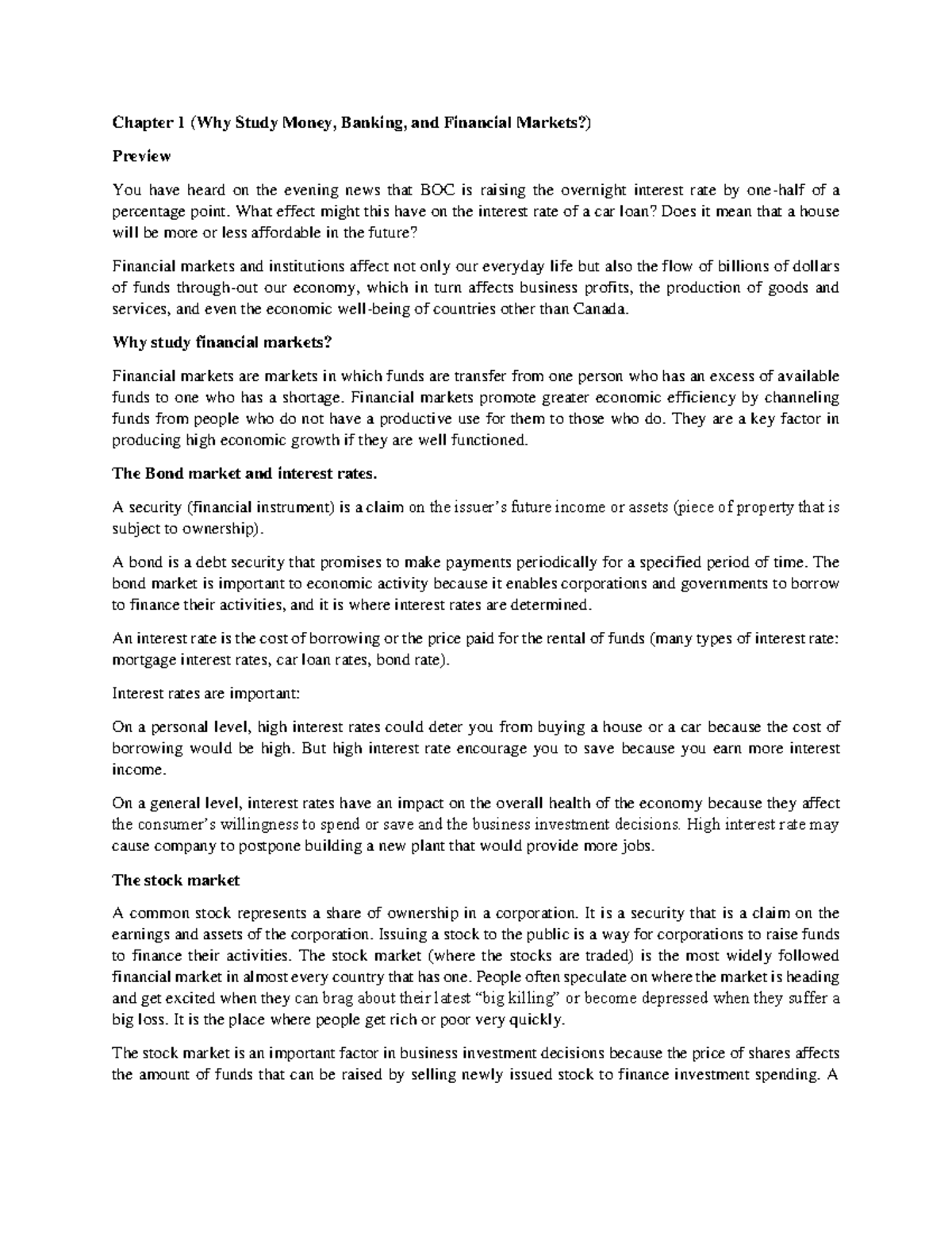 Chapter 1 - Lecture notes 1 - Chapter 1 (Why Study Money, Banking, and ...