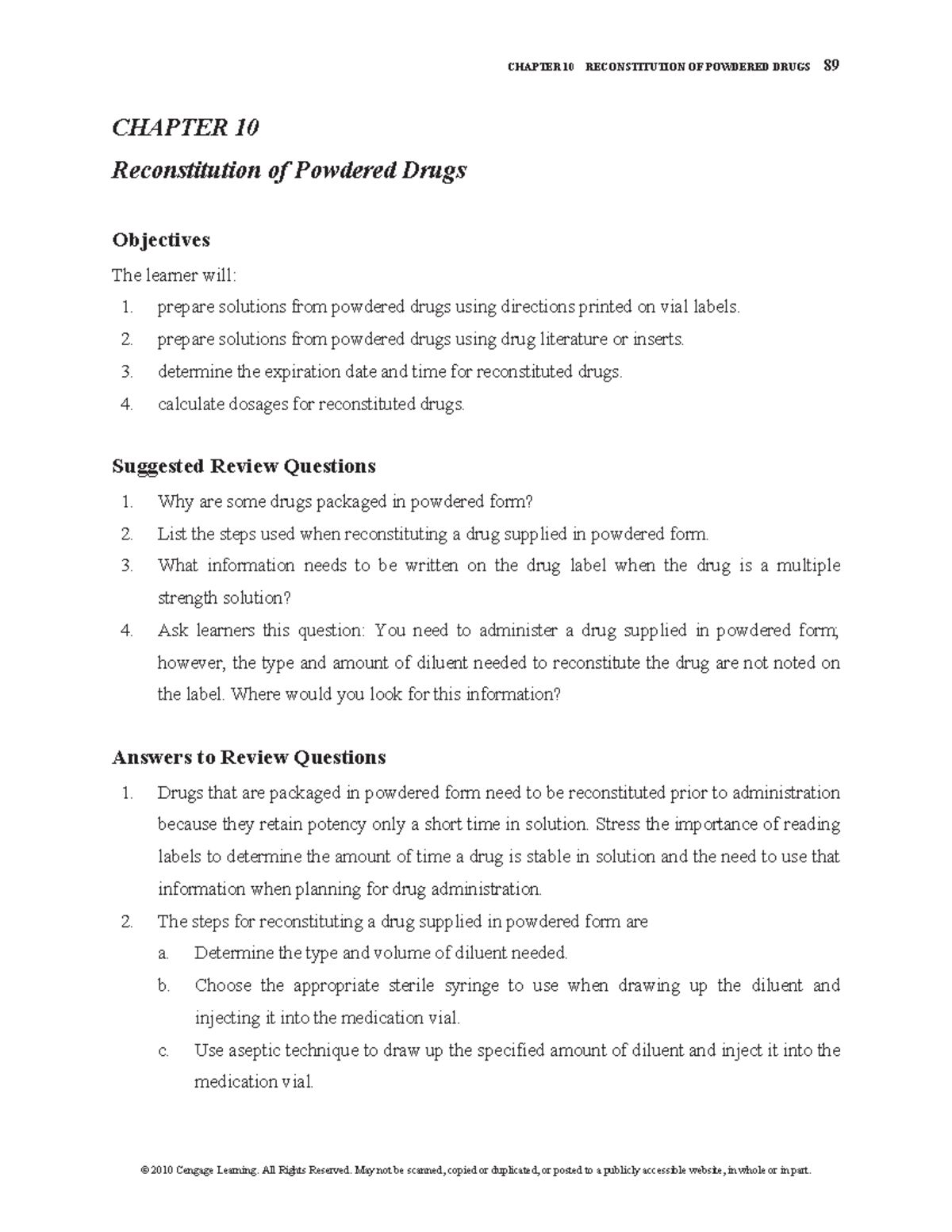 Reconstitution of Powder Drugs CHAPTER 10 RECONSTITUTION OF POWDERED