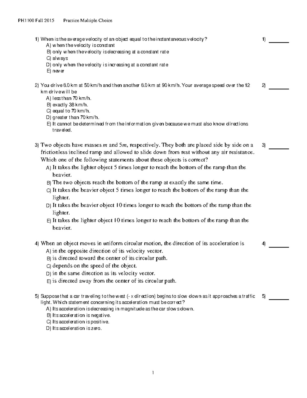 Final Exam - Sample Multiple Choice - PH1100 Fall 2015 Practice ...