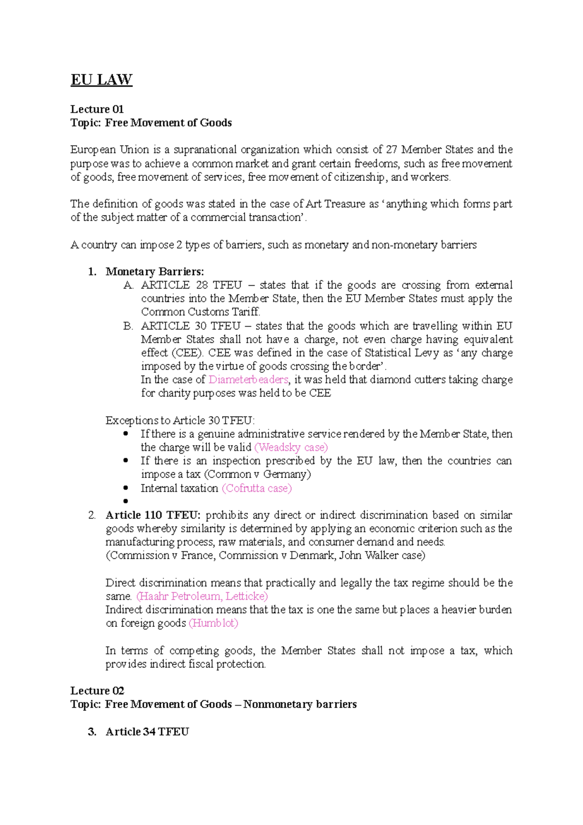 EU Law - Lecture - EU LAW Lecture 01 Topic: Free Movement of Goods ...