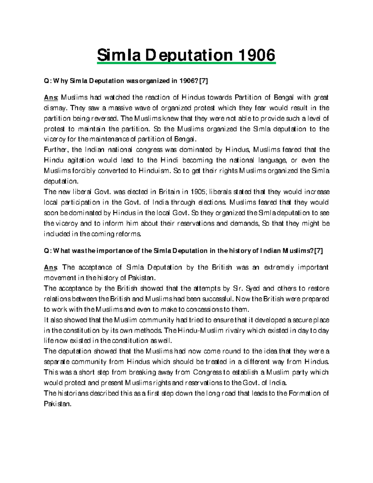Simla deputation 1906 Simla D eputation 1906 Q W hy Simla D