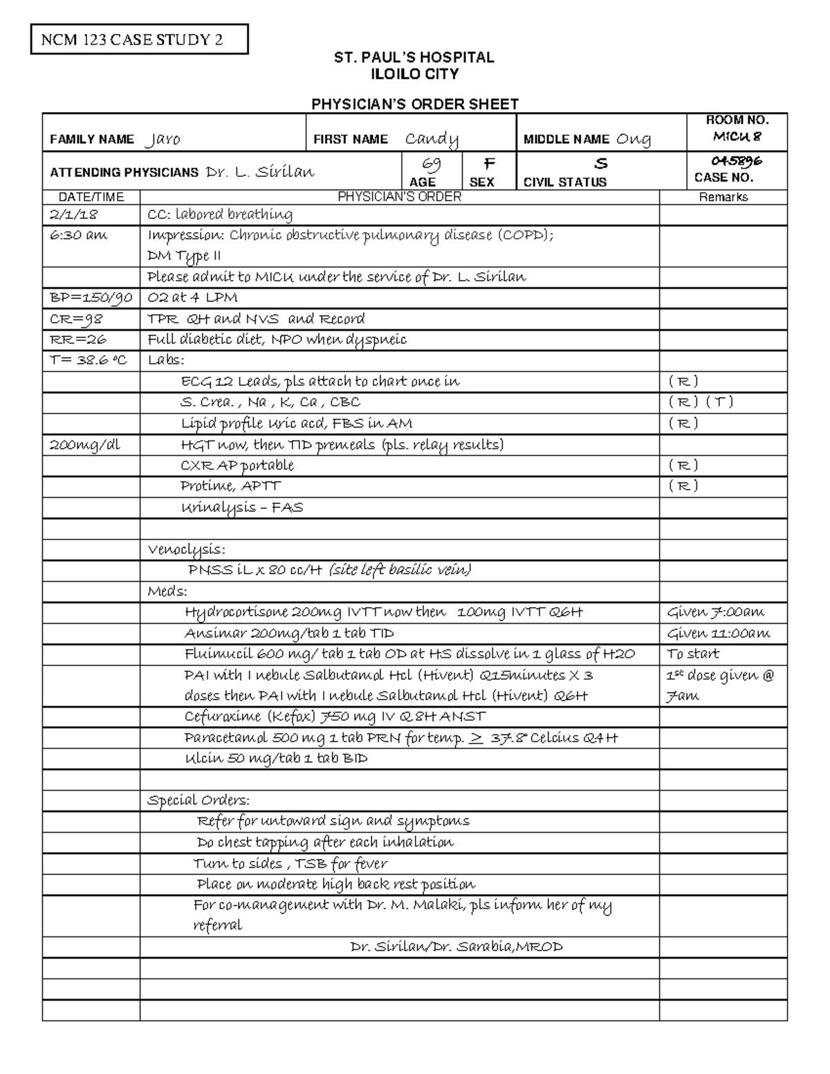 Nursing notes.. - ST. PAUL’S HOSPITAL ILOILO CITY PHYSICIAN’S ORDER ...