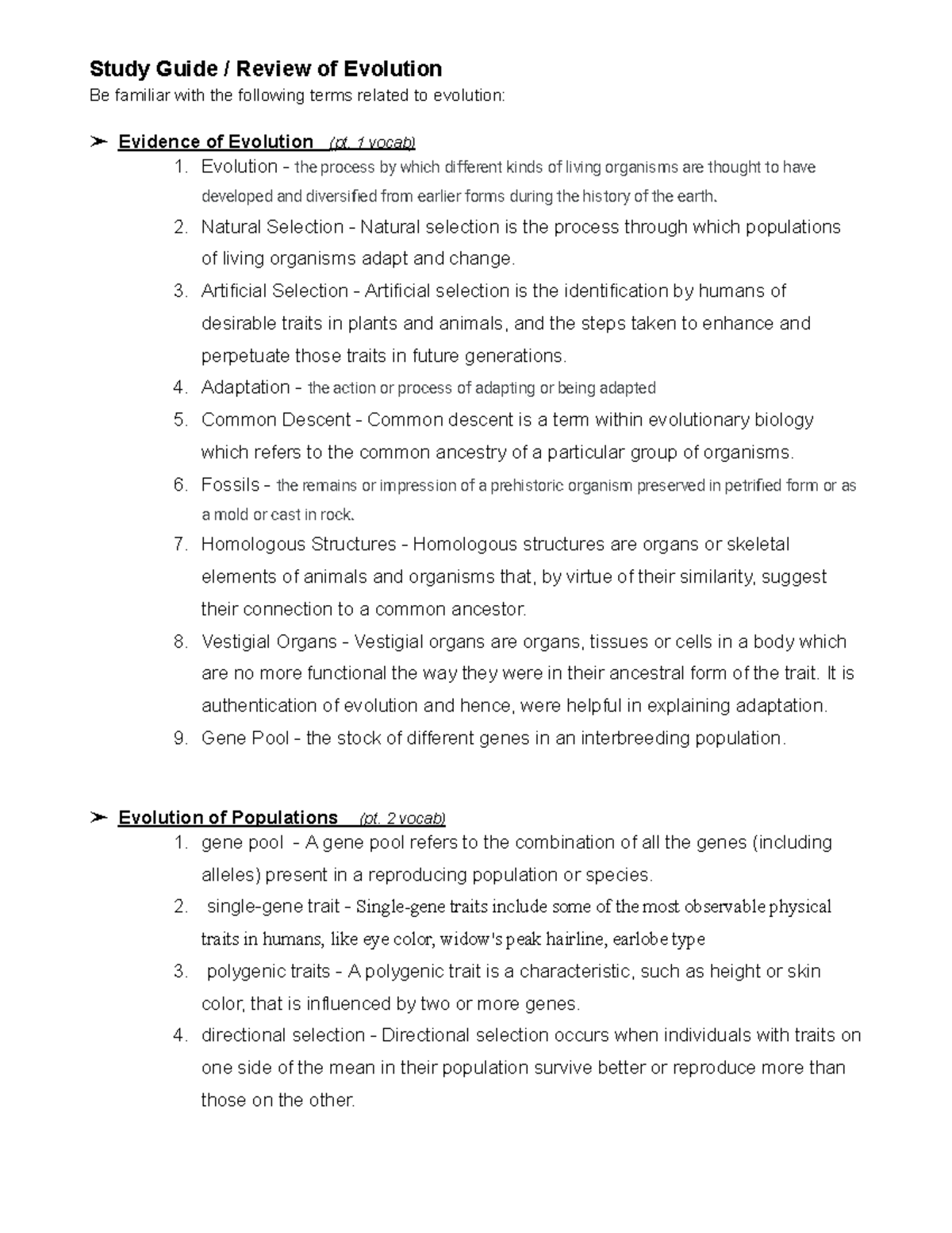 Review of Evolution - 1 vocab) 1. Evolution - the process by which ...