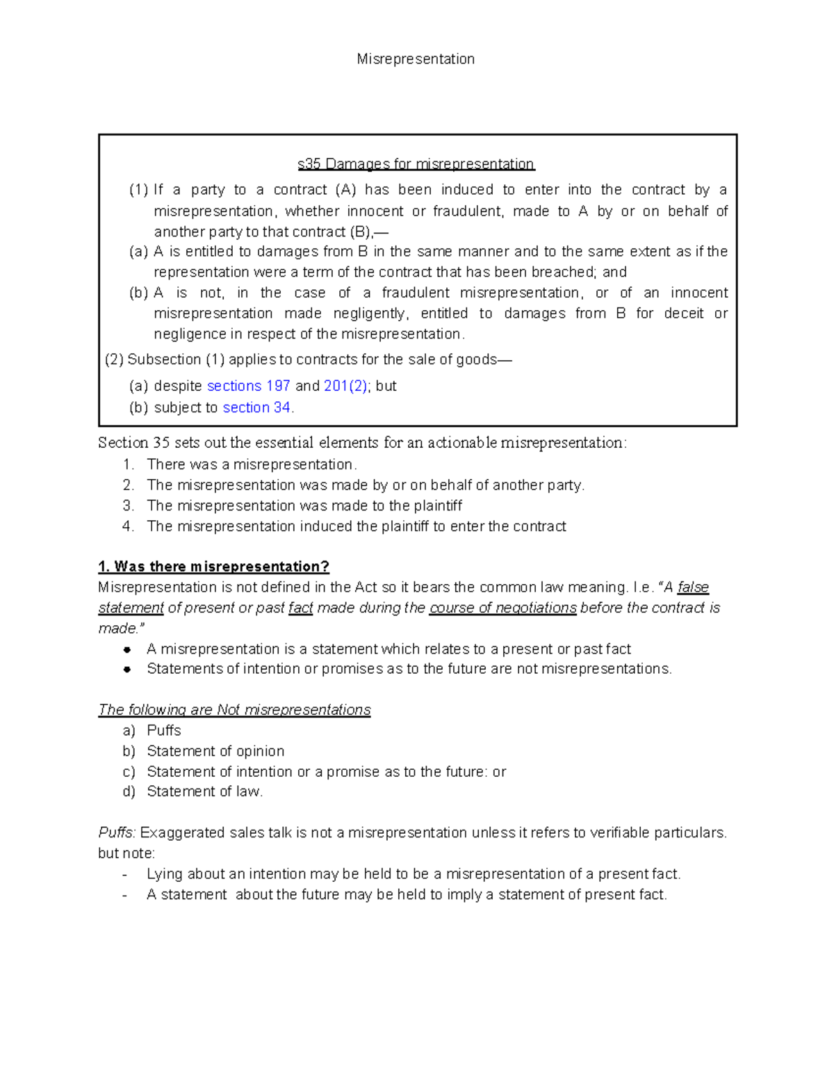 Misrepresention - Misrepresentation S35 Damages For Misrepresentation ...