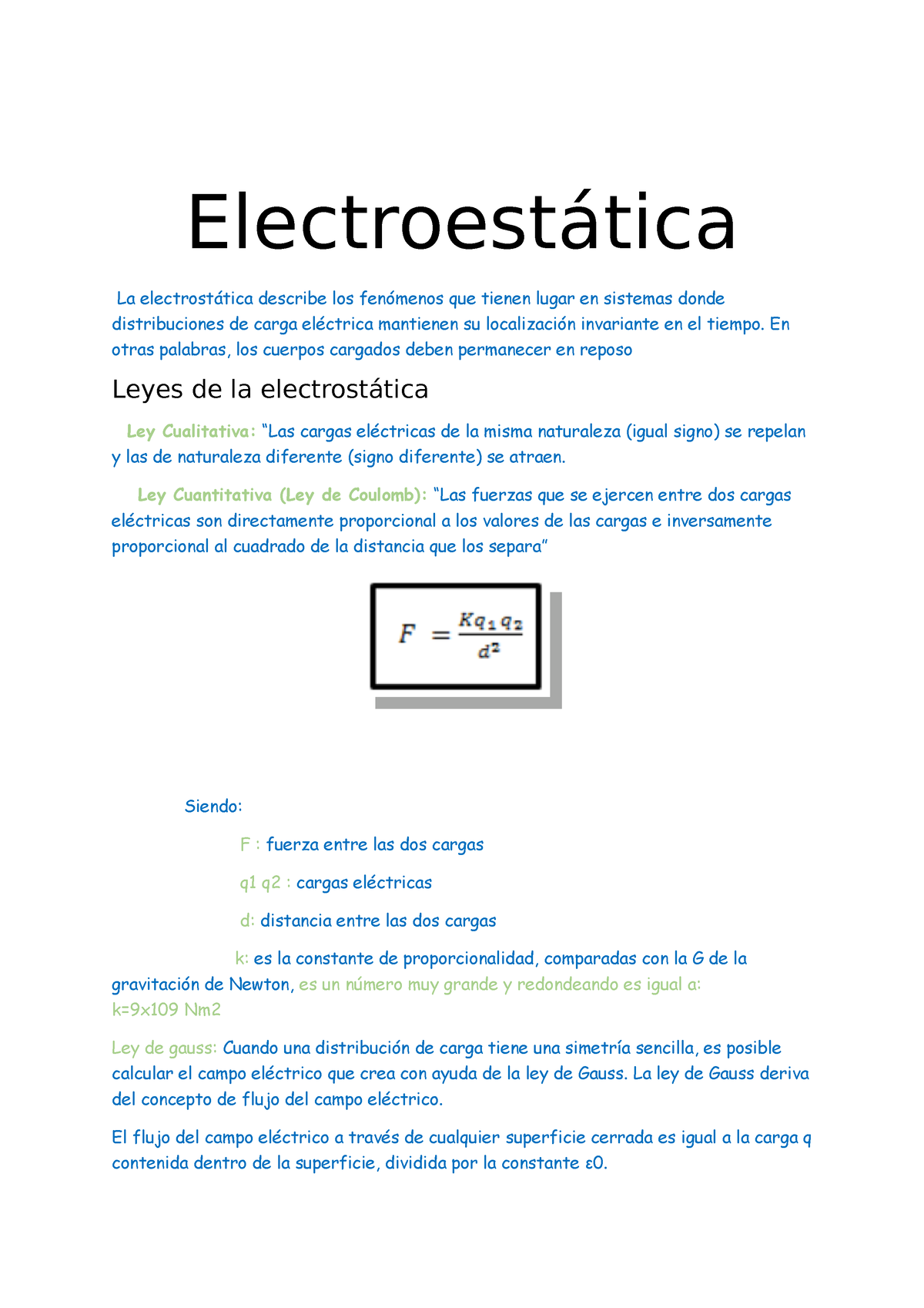 Electroestática tarea complementaria de física - Electroestática La  electrostática describe los - Studocu