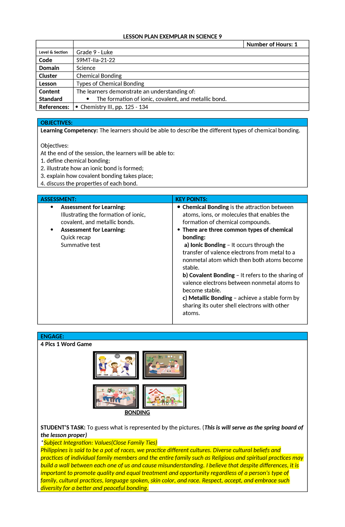 BOnding - LESSON PLAN EXEMPLAR IN SCIENCE 9 Number of Hours: 1 Level ...