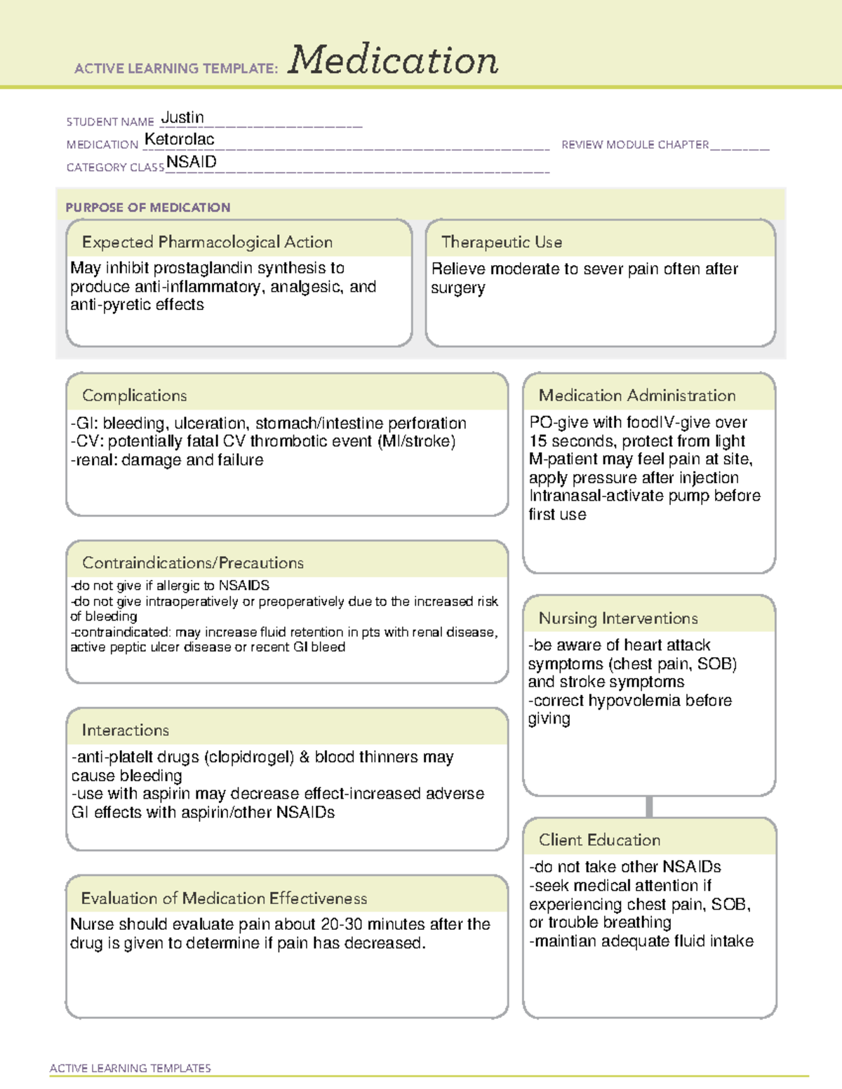 Ketorolac - Active Learning Templates Medication Student Name