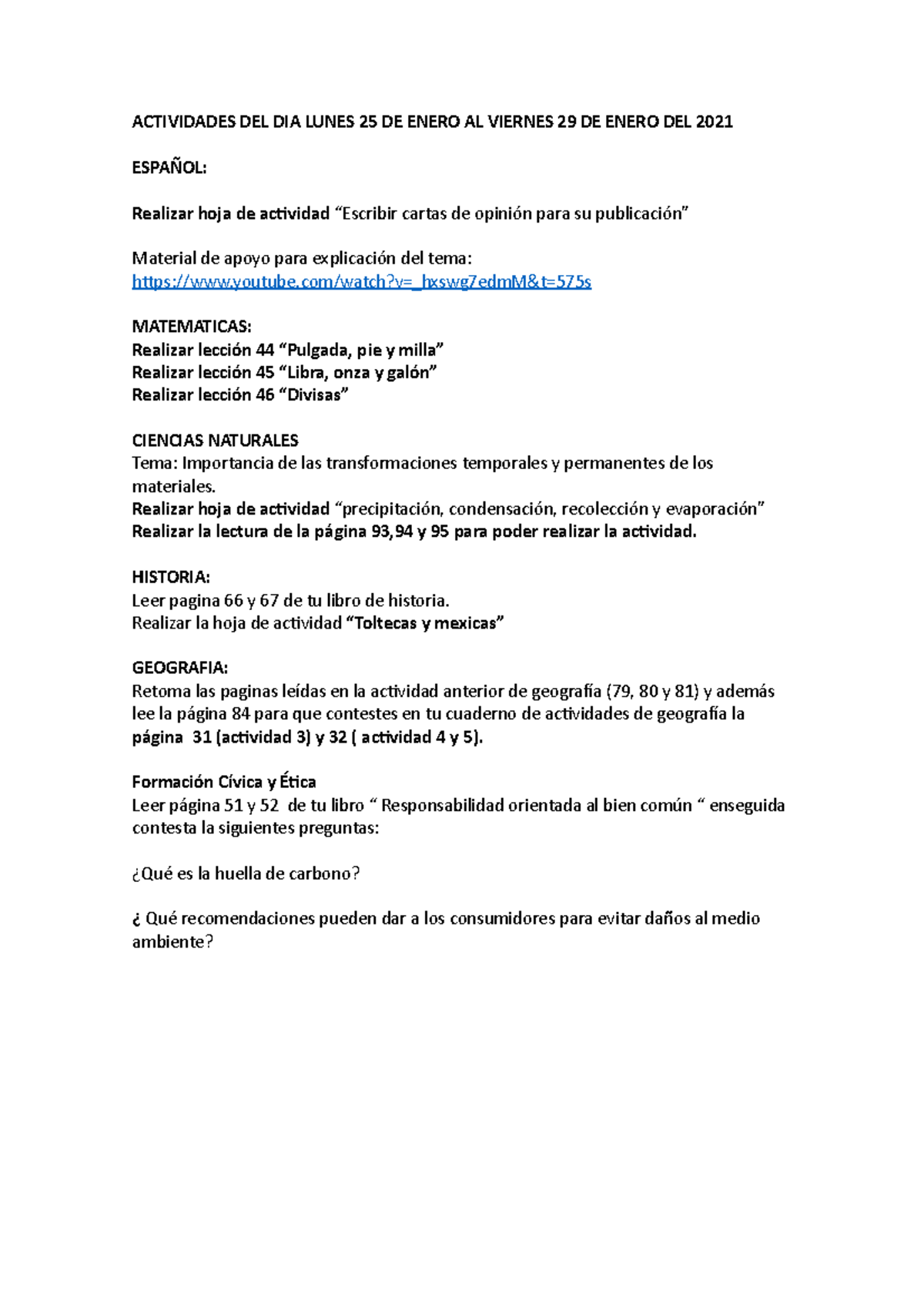 Plan semana 25-29 Enero 2021 - ACTIVIDADES DEL DIA LUNES 25 DE ENERO AL ...