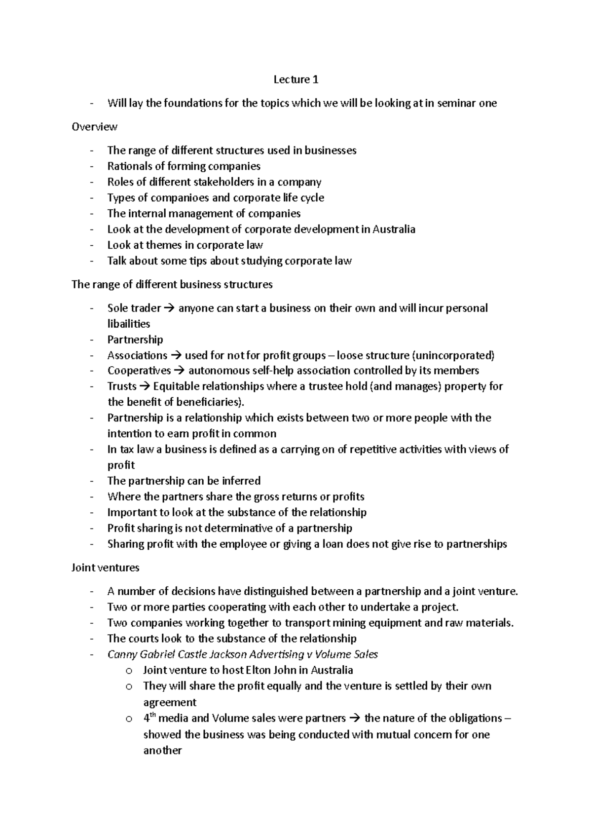 Lecture 1 corporate law - Lecture 1 - Will lay the foundations for the ...