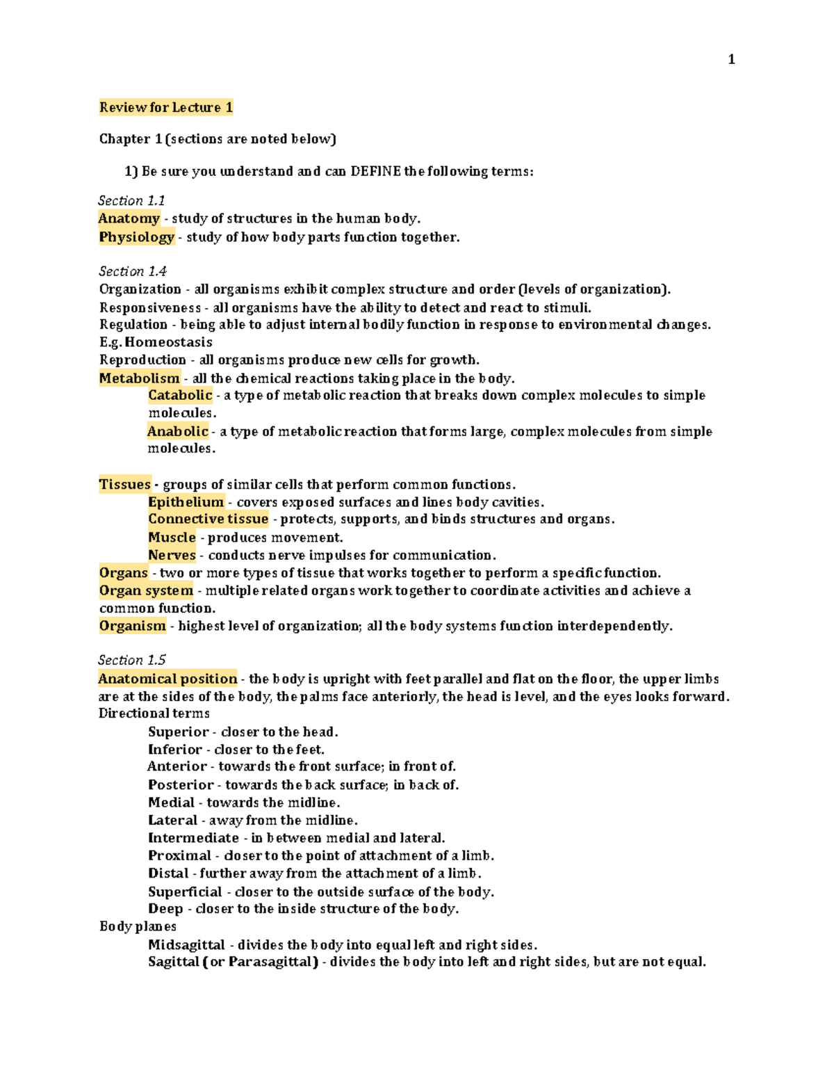 BIOL 110 Midterm Review - Review for Lecture 1 Chapter 1 (sections are ...