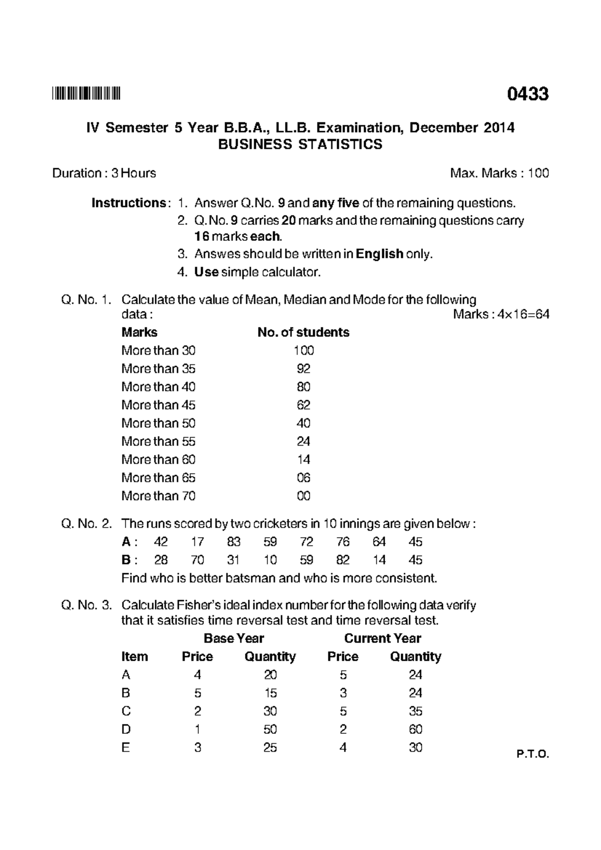 business statistics operations research question papers