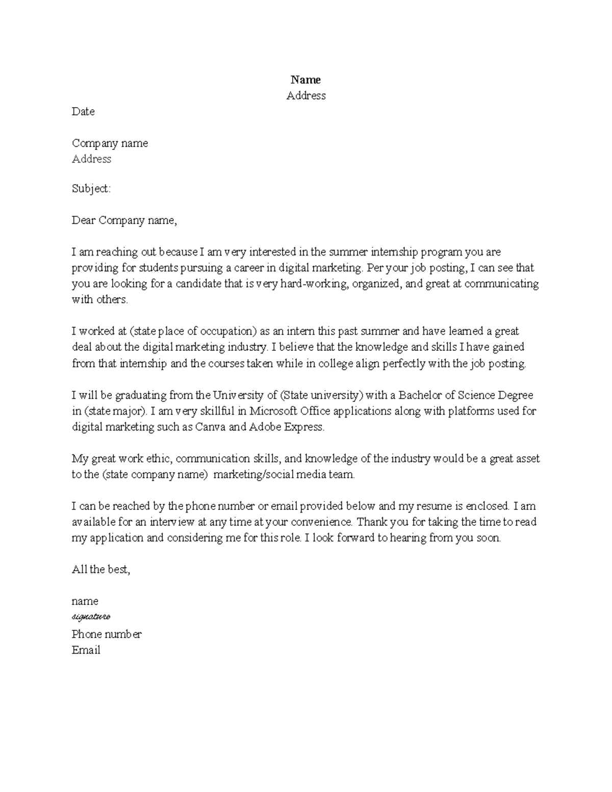 Cover letter outline - Name Address Date Company name Address Subject ...