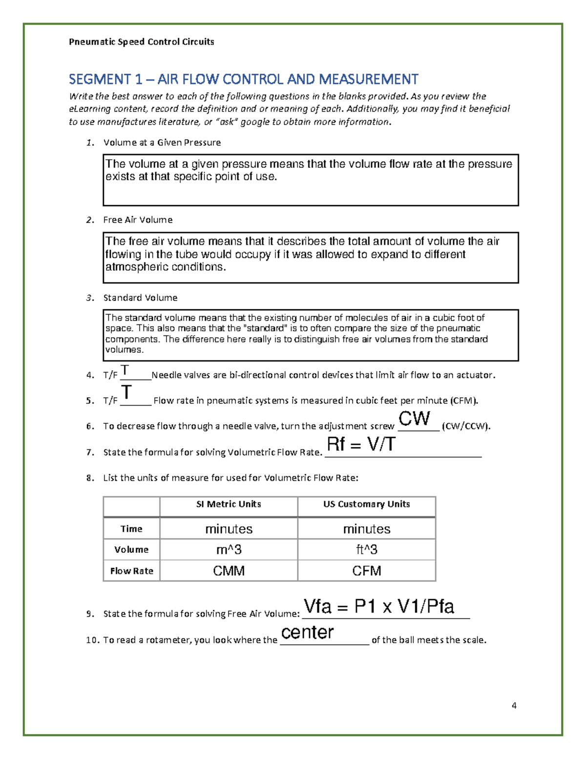 A12 Worksheet Pneumatic Speed Control Circuits Pneumatic Speed