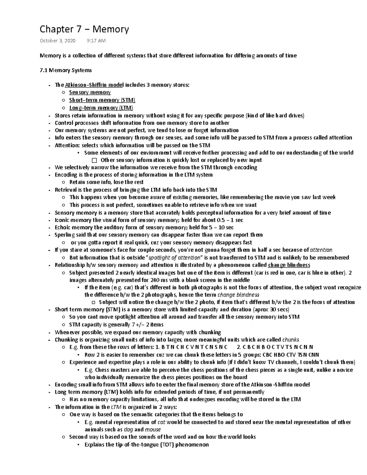 Chapter 7 Copy - Psyc Notes - Chapter 7 − Memory October 3, 2020 9:17 AM Memory Is A Collection ...