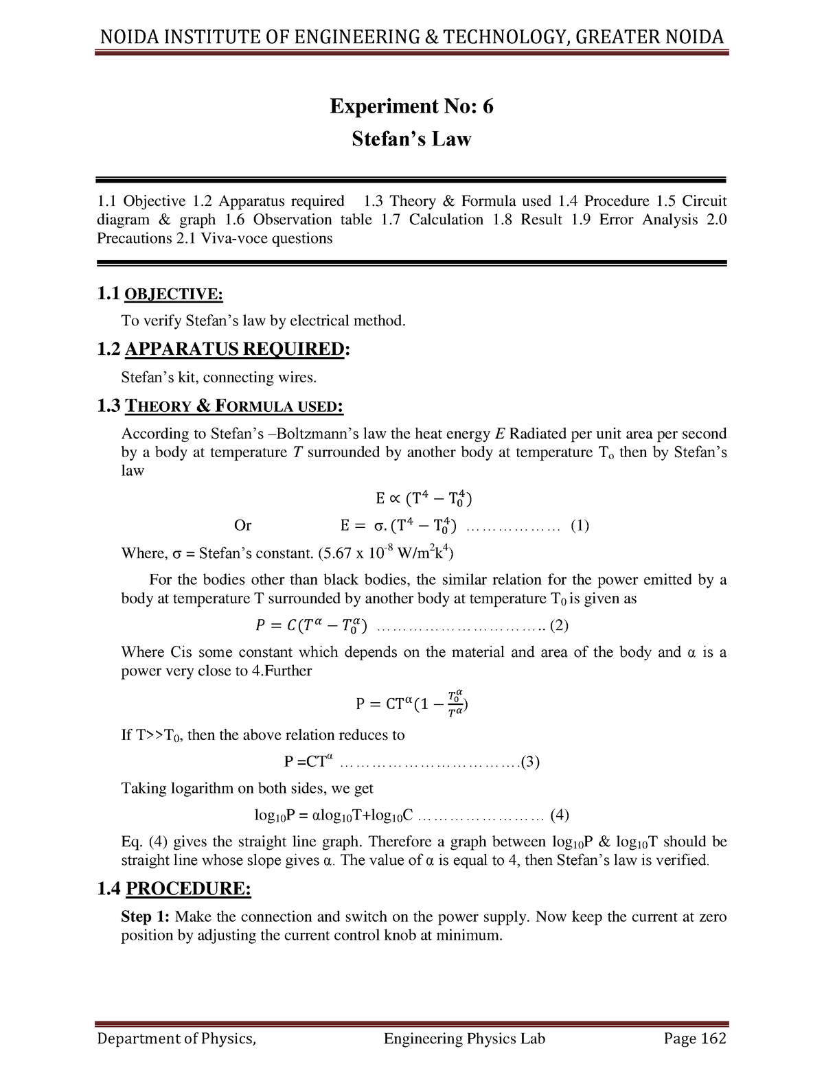 stefan's constant experiment precautions