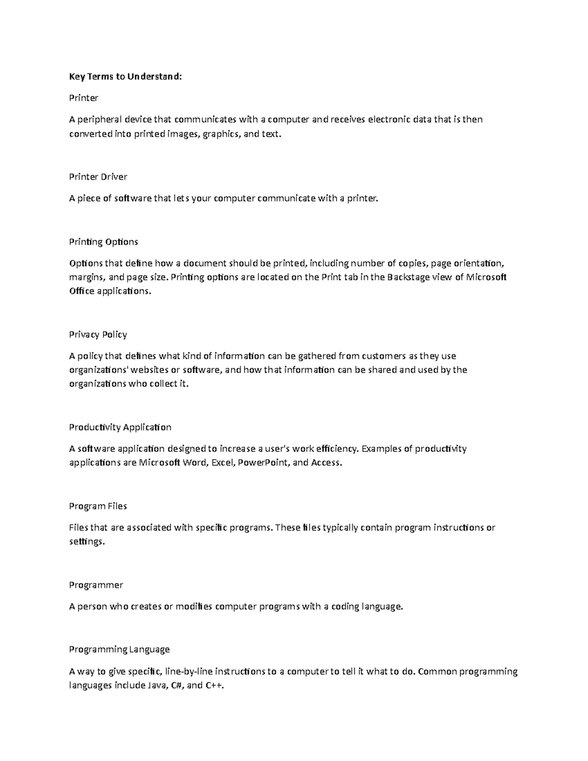 Lecture Notes 4 - Key Terms to Understand: Printer A peripheral device ...