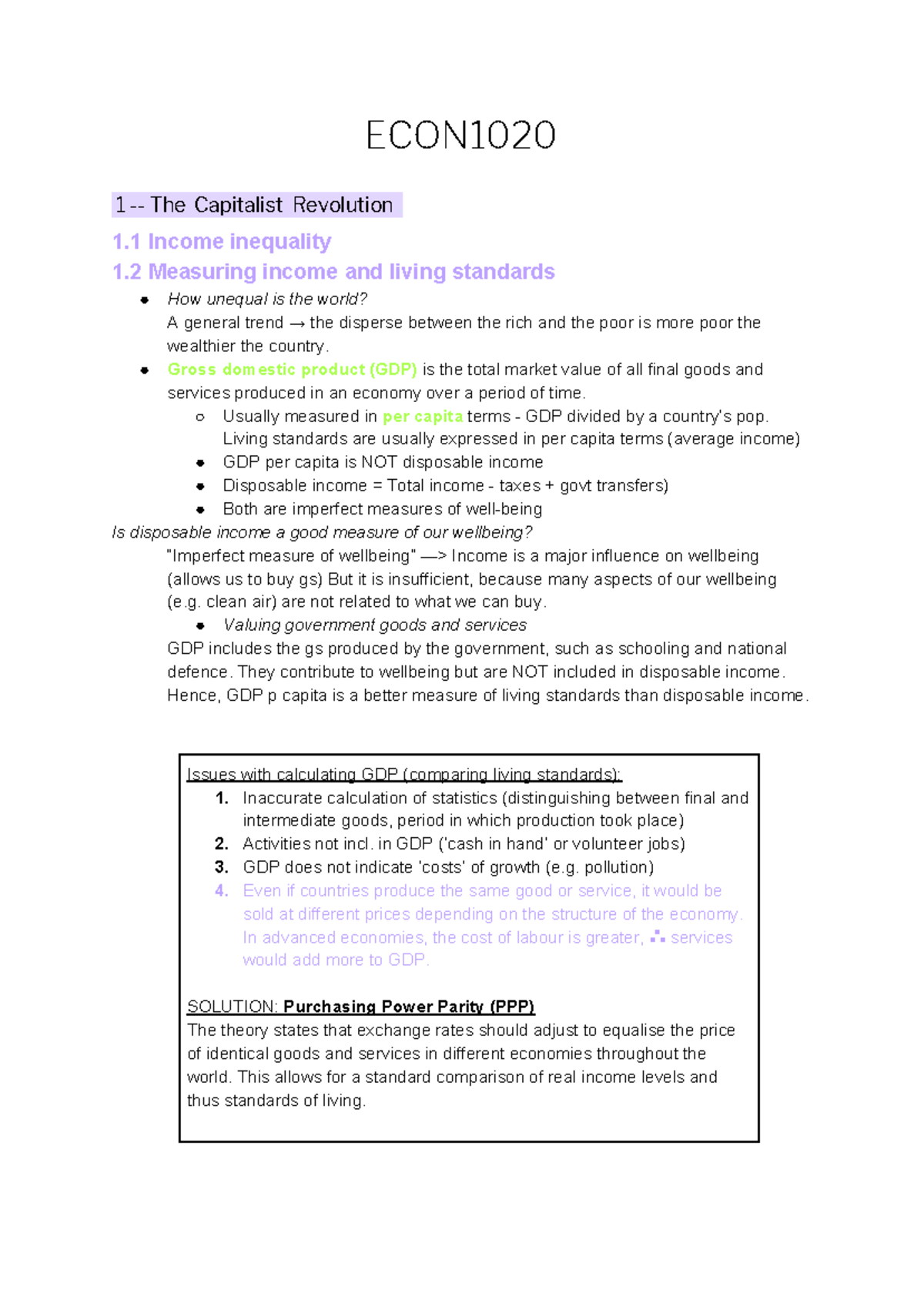 ECON1020 Notes (Week 1-10) - ECON1020 1 - The Capitalist Revolution . 1 ...