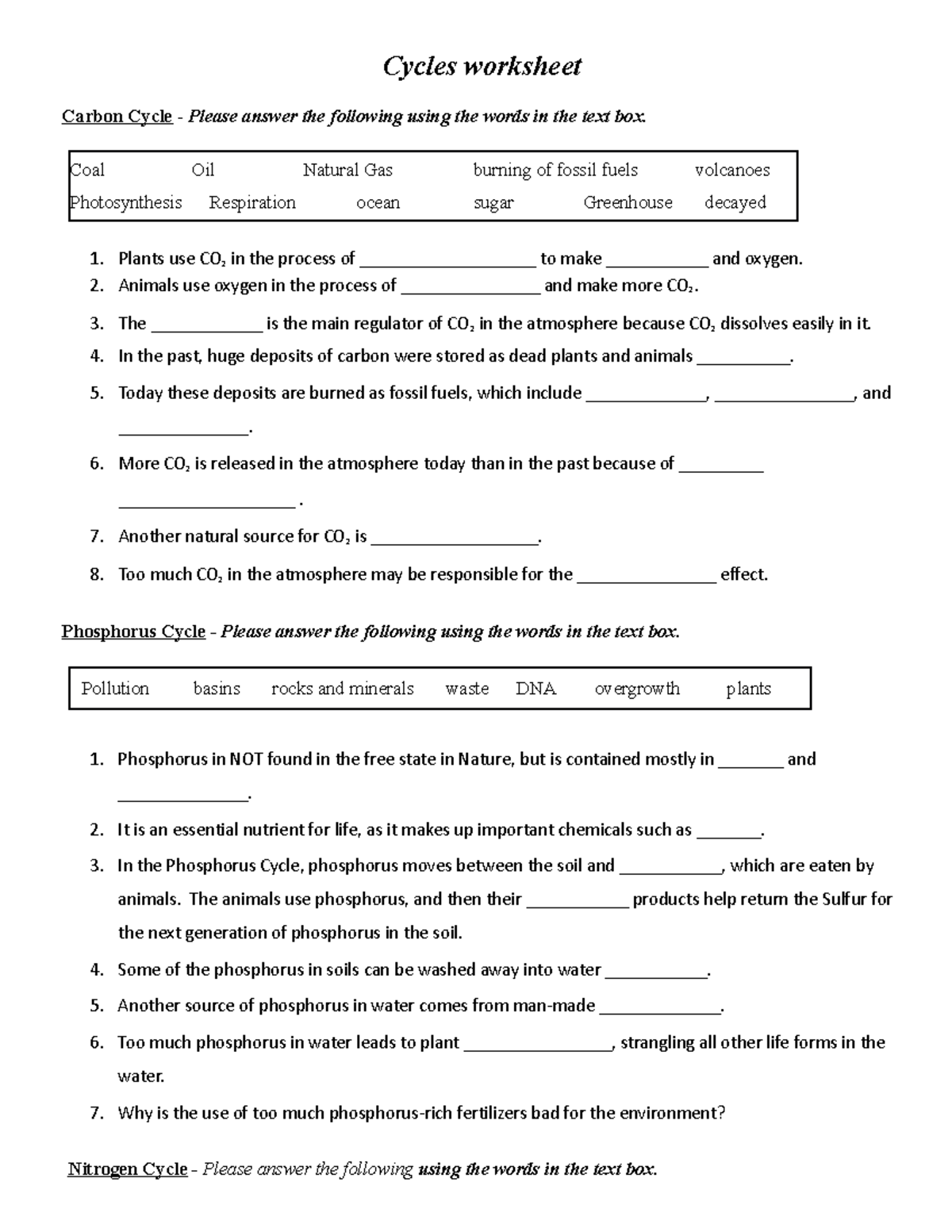 Cycles cloze exercises - Cycles worksheet Carbon Cycle - Please answer ...