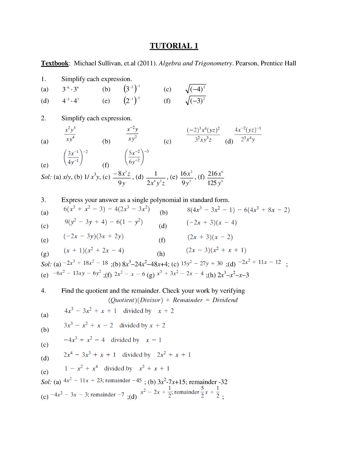 Tutorial 1 - Fundementals of algebra - TUTORIAL 1 Textbook: Michael ...