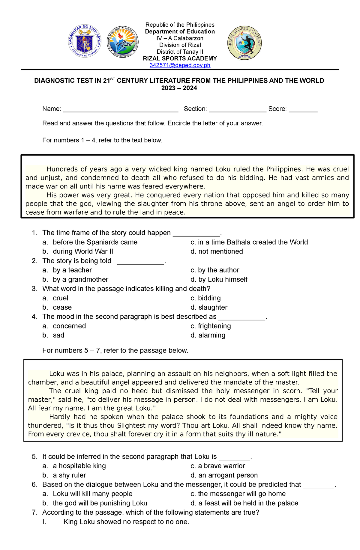 Diagnostic Test 21st Century - Republic Of The Philippines Department ...