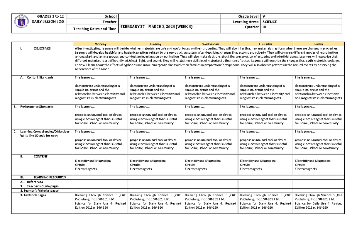 Grade 5 Dll Science 5 Q3 Week 3 - Grades 1 To 12 Daily Lesson Log 