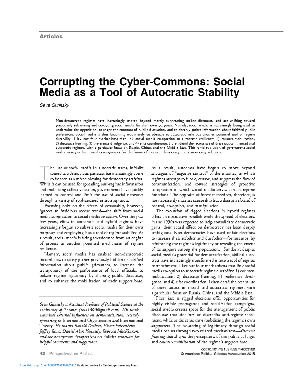 Gunitsky, S. (2014 ). Corrupting the Cyber-Commons. Social Media as a ...