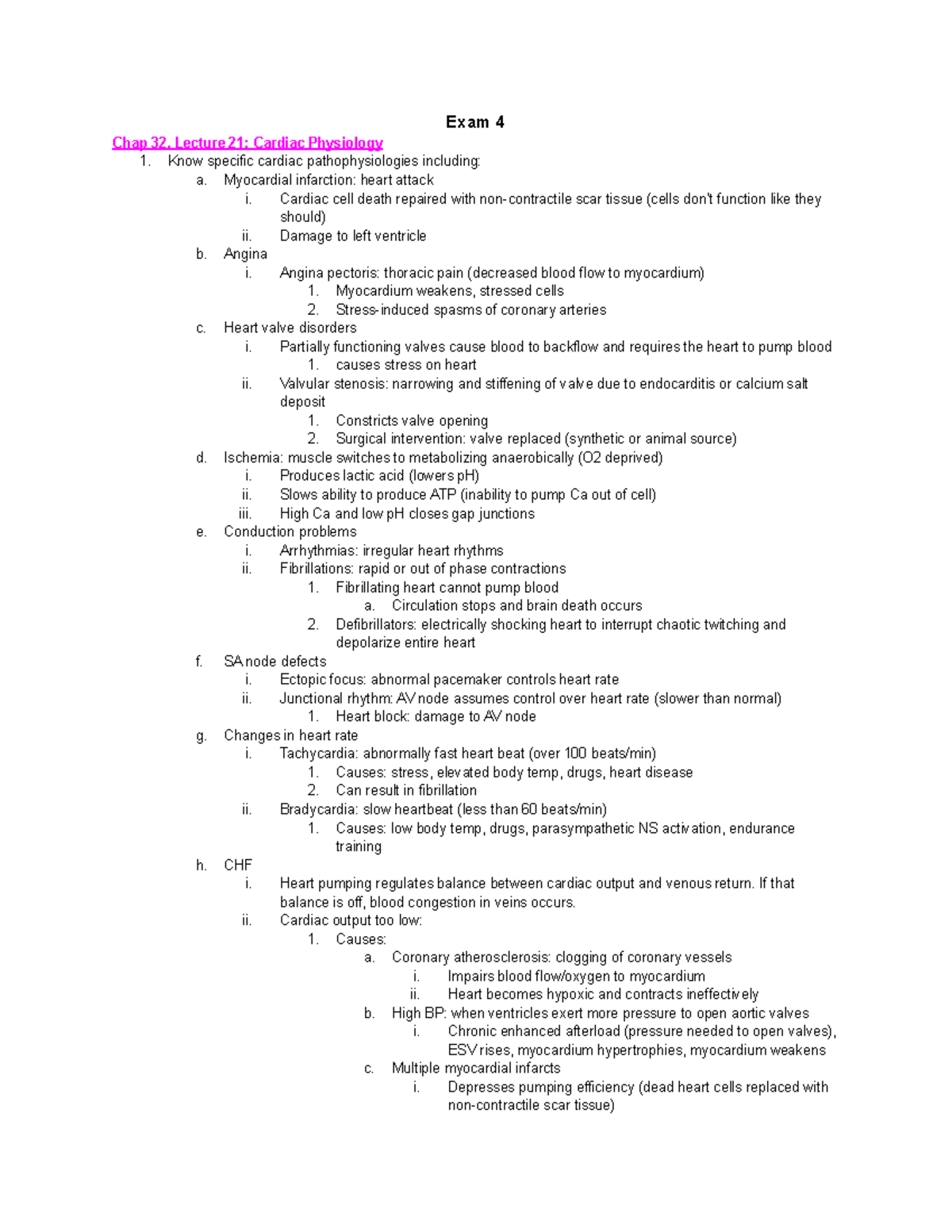 BIO 230 Exam 4 SG - Exam 4 Chap 32, Lecture 21: Cardiac Physiology 1 ...