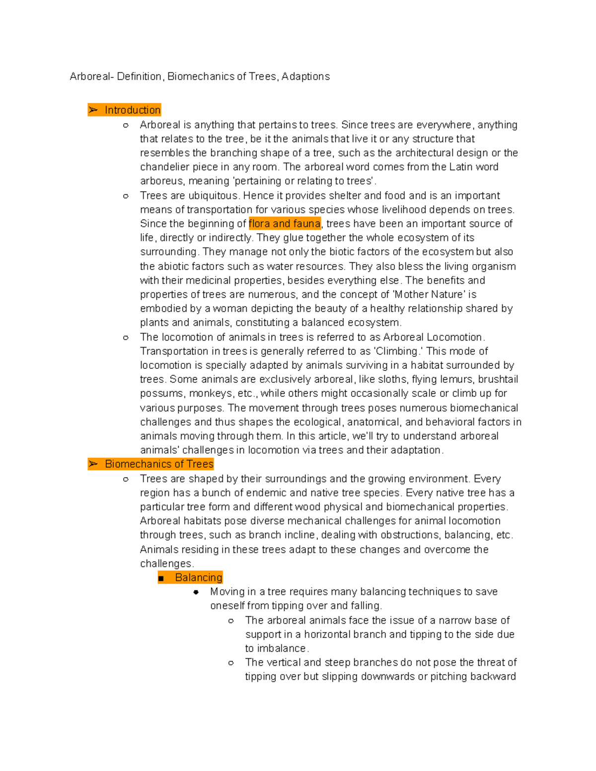 Arboreal Definition, Biomechanics of Trees, Adaptions Since trees