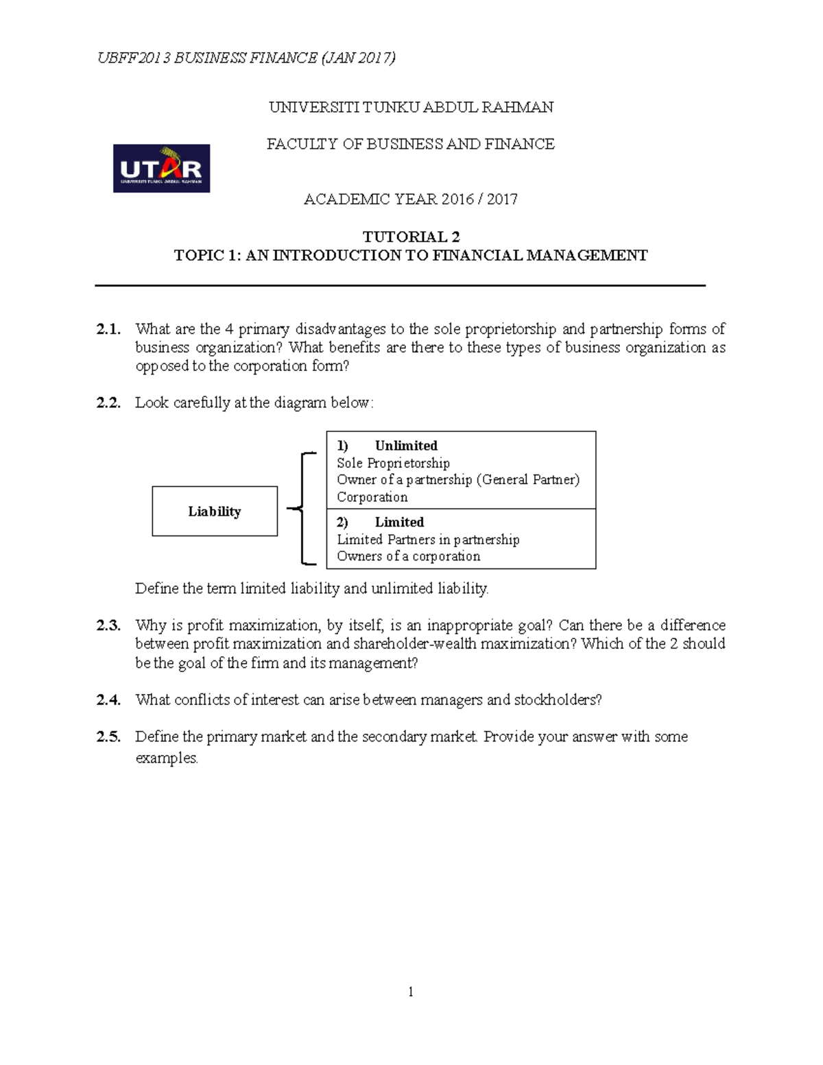 Tutorial 2 - UBFF2013 BUSINESS FINANCE (JAN 2017) UNIVERSITI TUNKU ...