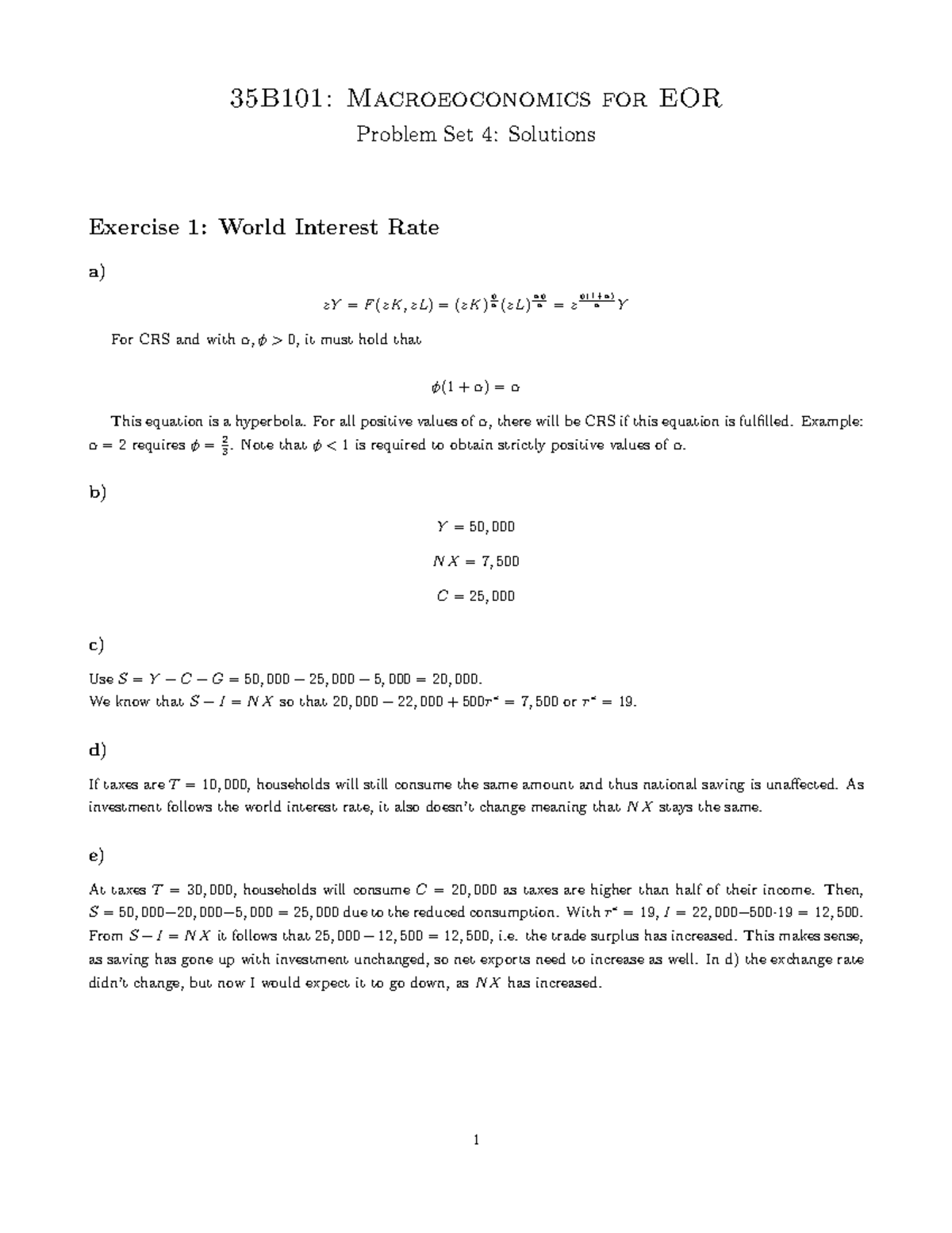 Problem Set 4 - Solutions - 35B101: Macroeoconomics For EOR Problem Set ...