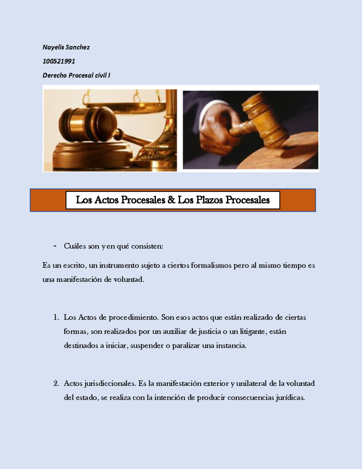 Actos y Plazos Procesales - Nayelis Sanchez 100521991 Derecho Procesal ...